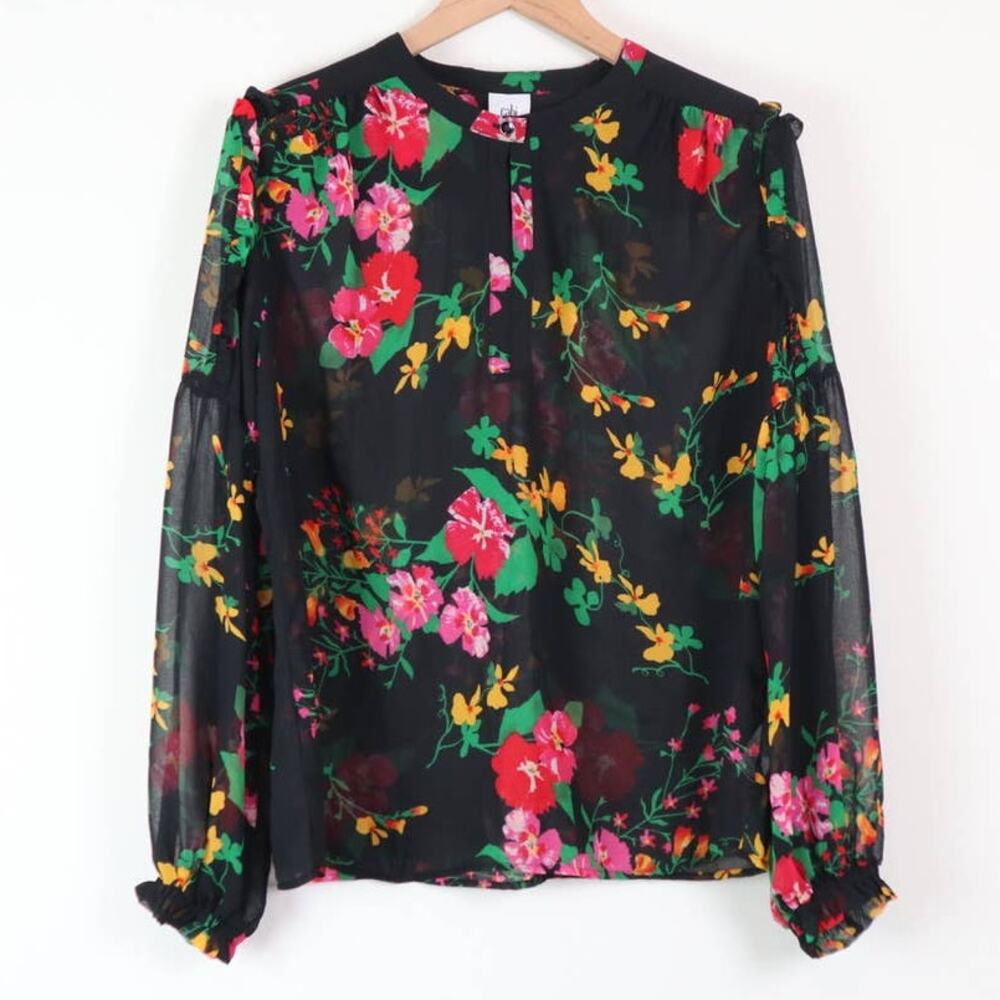 Cabi Size M Thespian Sheer Ruffle Blouse 5706 Bell Sleeve Black Floral